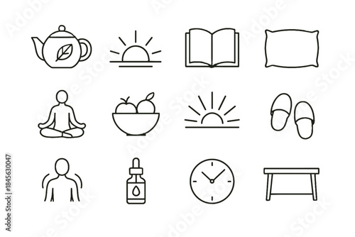 Relaxation morning herbal tea bowl minimalist vector icon pillow horizon rituals symbol