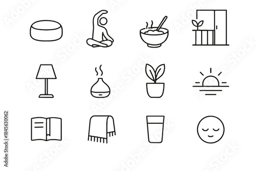 Tidy calm hydration rest morning warm quiet icons cozy steam vector cushion