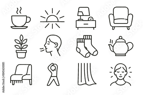 Soft icons symbol tidy vector blanket steaming morning stretching calm cup aura