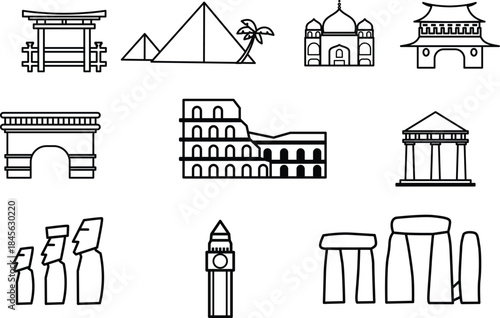 Collection of iconic global architectural landmarks and monuments, symbolizing travel and history