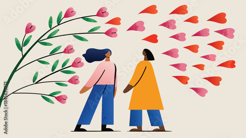 Two women walking together surrounded by pink flowers and red hearts on a light green background with casual clothing