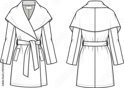 Belted coat technical fashion sketch, front and back view, draped collar, flap patch pockets, self-tie waist, vector template
