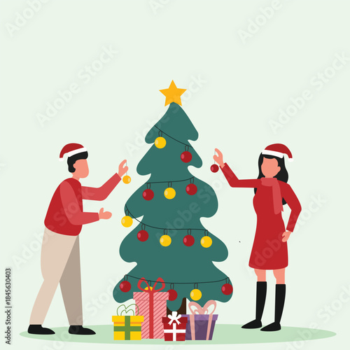 Christmas and new year holiday celebration concept. Happy people decorating tree whit lights and ornaments together and preparing to celebrate Christmas eve Vector  illustration