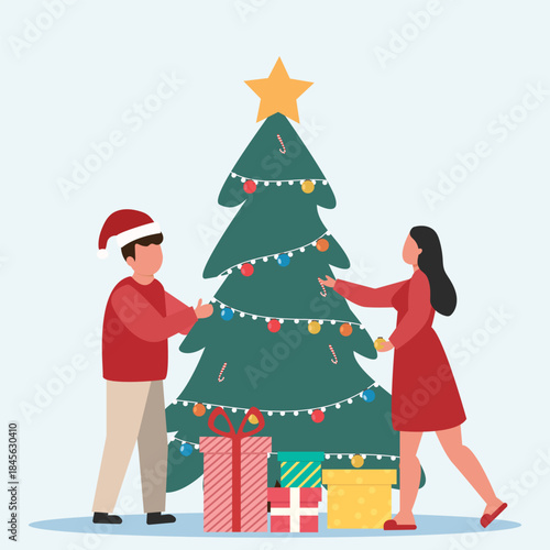 Christmas and new year holiday celebration concept. Happy people decorating tree whit lights and ornaments together and preparing to celebrate Christmas eve Vector  illustration