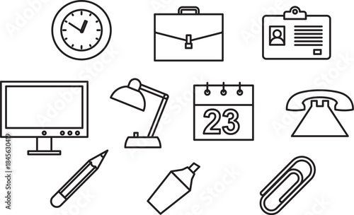 Set of office supplies and equipment icons, featuring a clock, briefcase, ID card, computer monitor, desk lamp, calendar, telephone, pen, marker, and paperclip for business and work-related concepts