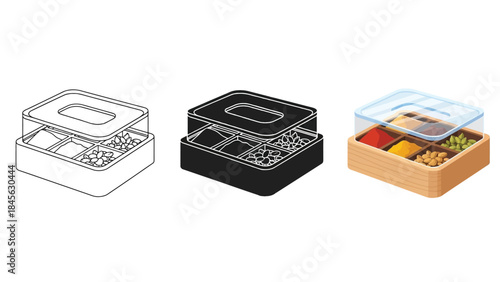 Bento Boxes Set in Three Styles — Line Art, Silhouette and Color Version Showing with Compartments and Food Items