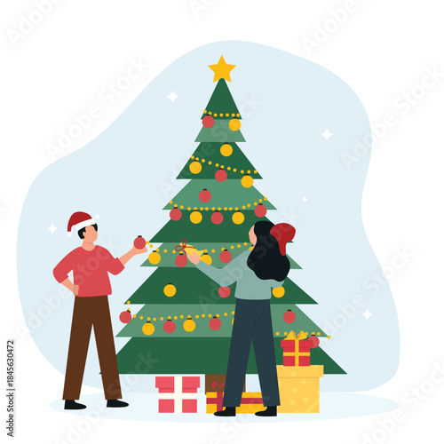 Christmas and new year holiday celebration concept. Happy people decorating tree whit lights and ornaments together and preparing to celebrate Christmas eve Vector  illustration