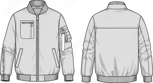 Bomber jacket technical fashion illustration, front and back view, utility sleeve pocket, ribbed cuffs, zip closure, garment design, apparel template, vector