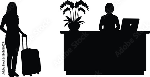 Hotel reception silhouette with female guest luggage check in counter hospitality travel service concept isolated black figures illustration