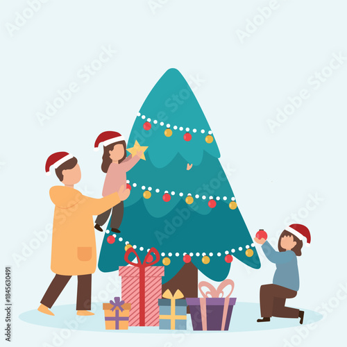 Christmas and new year holiday celebration concept. Happy people decorating tree whit lights and ornaments together and preparing to celebrate Christmas eve Vector  illustration
