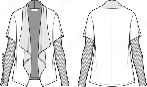 Cardigan-style top technical fashion sketch, front and back view, waterfall collar, layered sleeves, curved hem, apparel design, vector template