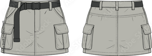 Cargo mini skirt illustration, flap pockets, black belt, technical fashion sketch, front and back view, utility design, vector garment template