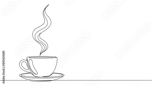 A minimalist line drawing of a steaming cup of coffee on a saucer, symbolizing warmth and comfort.
