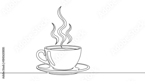A minimalist line drawing of a steaming cup of coffee on a saucer, perfect for cafe menus or beverage-themed designs.
