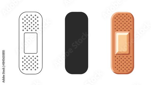 Bandages Set in Three Styles — Line Art, Silhouette and Color Version Showing for Medical Design