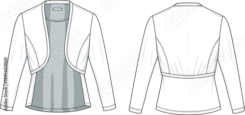 Cropped jacket technical fashion sketch, front and back view, gathered back waist, curved front hem, apparel design, vector template