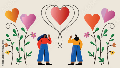 Two women waving at heart shaped balloons and flowers on a green background, illustration