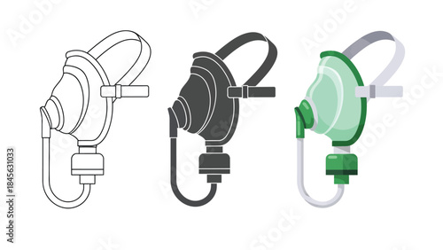 CPAP masks Set in Three Styles — Line Art, Silhouette and Color Version Showing 