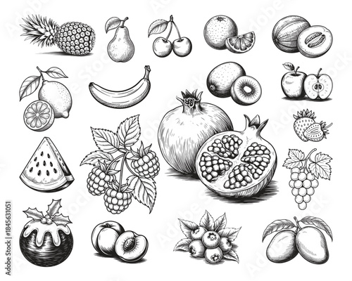 A variety of fruits illustrated in black and white