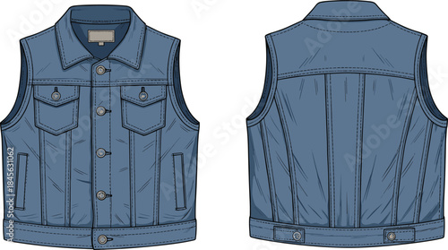 Denim vest technical fashion sketch, front and back view, flap chest pockets, button closure, waist tabs, vector template