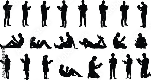 People reading book silhouettes collection, men women children reading poses, education knowledge concept, isolated black figures illustration