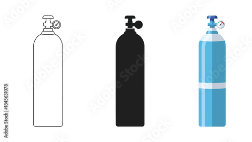 Gas Cylinders Set in Three Styles — Line Art, Silhouette and Color Version Showing 