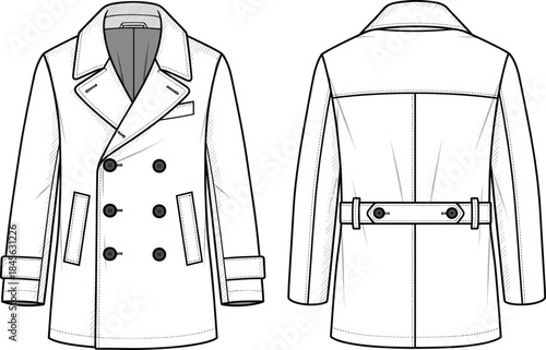 Double-breasted coat technical fashion sketch, front and back view, flap pockets, notched lapel, buttoned belt, apparel design, vector template