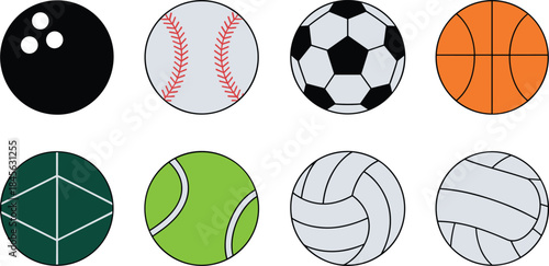 Eight Different Sports Balls in Flat Style flat black ball