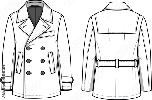 Double-breasted pea coat technical fashion sketch, front and back view, welt pockets, strap cuffs, buttoned belt, apparel design, vector template