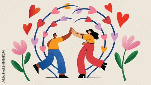 Vibrant illustration of a diverse couple high fiving surrounded by a whimsical heart and flower design on a soft green background