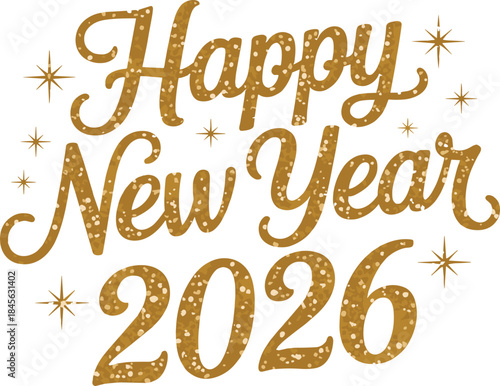 Happy New Year 2026 in Gold Glitter Text with Stars