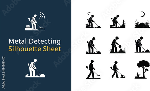 Collection of metal detecting silhouettes showing various stages of treasure hunting activity