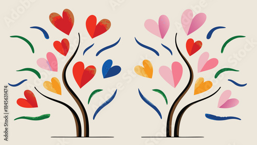 Two trees with colorful hearts and leaves on a light green background, symbolizing love and affection in a whimsical illustration style