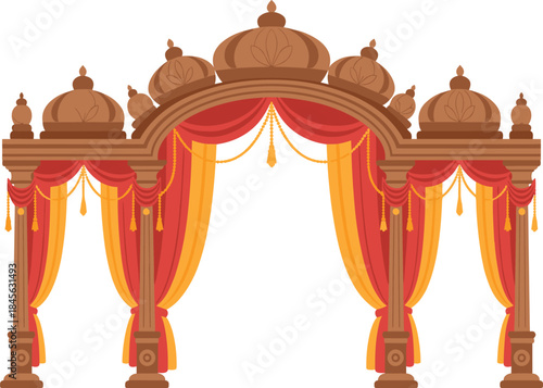 Ornate Brown and Red Wedding Mandap with Curtains and Domes