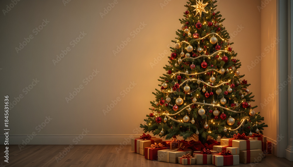 Fototapeta premium Warmly Lit Christmas Tree Against Neutral Wall Creating Cozy and Elegant Holiday Atmosphere
