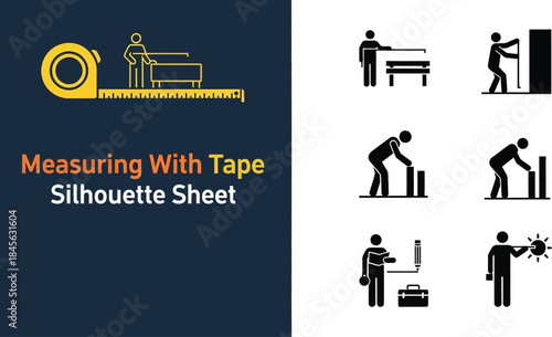 Yellow tape measure alongside measuring and construction silhouettes