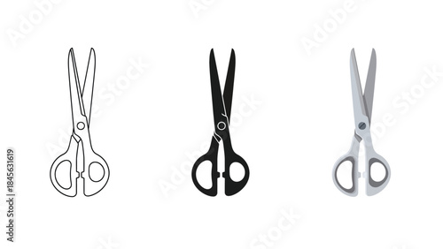 Kitchen Scissors Icons Set in Outline, Silhouette and Color Vector Styles