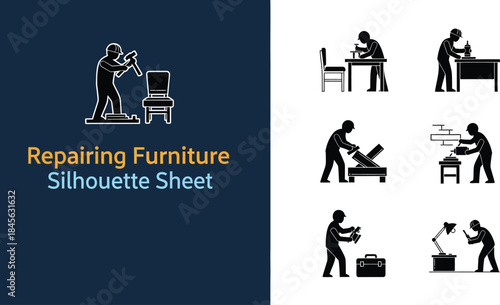 Collection of silhouettes depicting furniture repair and carpentry tasks