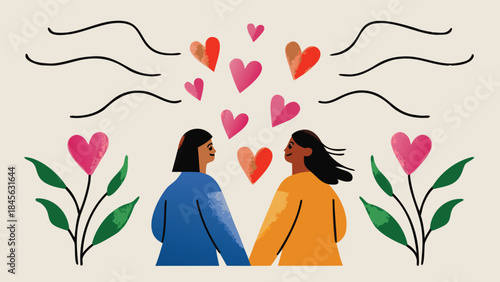 Two women hold hands surrounded by floating hearts and flowers on a beige background with a romantic and whimsical atmosphere created