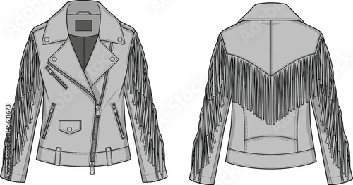 Fringed leather biker jacket technical fashion sketch, front and back view, asymmetrical zip, belted waist, vector template