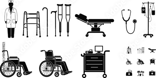 Medical healthcare equipment silhouette set including doctor wheelchair hospital bed tools patient care isolated black vector illustration