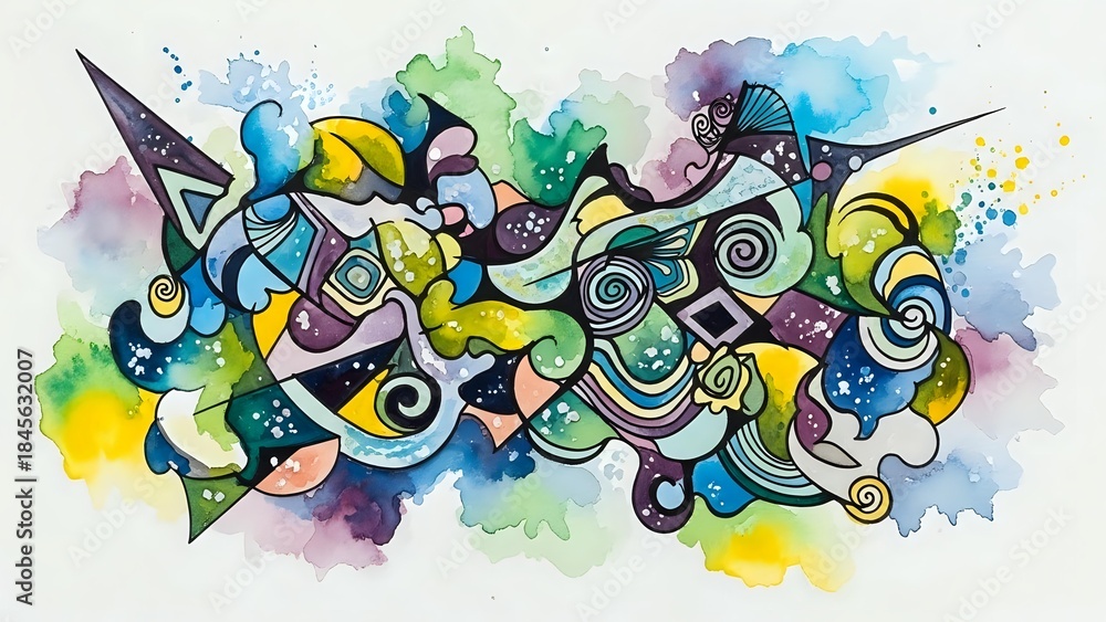 Naklejka premium Colorful abstract graffiti art with swirling shapes and watercolor splashes on white background. Modern street art style composition for creative projects.