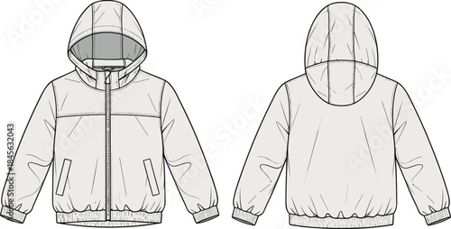 Hooded jacket technical fashion sketch, front and back view, welt pockets, elastic cuffs, zip closure, apparel design, vector template