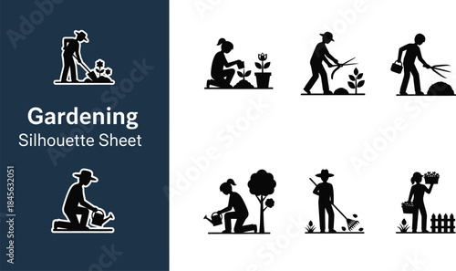 Collection of black silhouettes depicting essential gardening activities and tasks