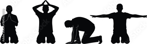 Silhouette men kneeling prayer yoga poses meditation worship spiritual discipline isolated black figures on white background illustration minimalist vector art