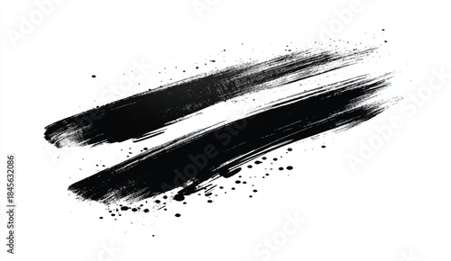 Black paint stroke with bristle brush, swatch isolated on white background