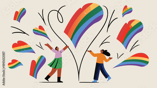 Two people holding large rainbow colored leaves, surrounded by floating rainbow hearts in the air, symbolizing love and freedom, in a playful