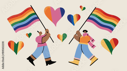 Two people holding rainbow flags surrounded by colorful hearts on a beige background, symbolizing love and acceptance in a vibrant illustration
