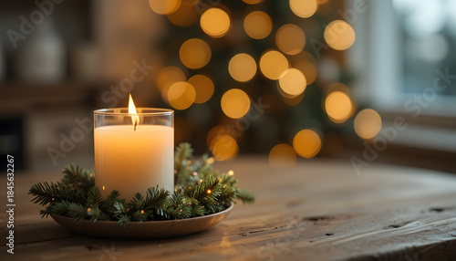 Single White Christmas Candle with Warm Golden Bokeh Lights Creating Cozy Holiday Atmosphere