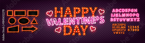 Vector neon marquee Happy Valentine's Day text with alphabet font isolated on the transparent background. Easy to change color.
